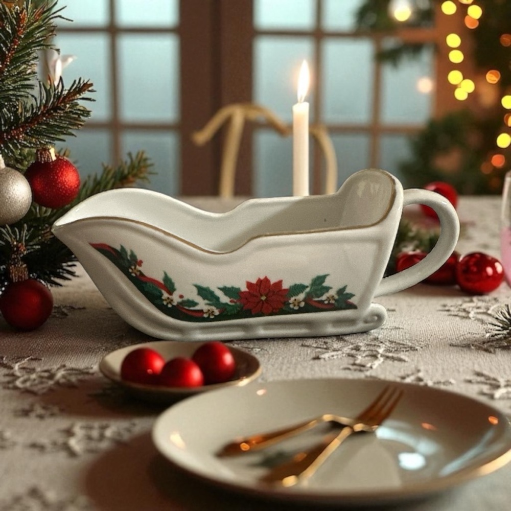 Tienshan Deck the Halls Christmas Poinsettia 16 Oz Gravy Boat Sleigh Bowl Gold